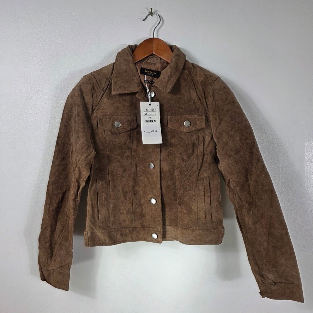 Stradivarius Kids Brown Genuine Suede‎ Leather Trucker Jacket Collared Button Up